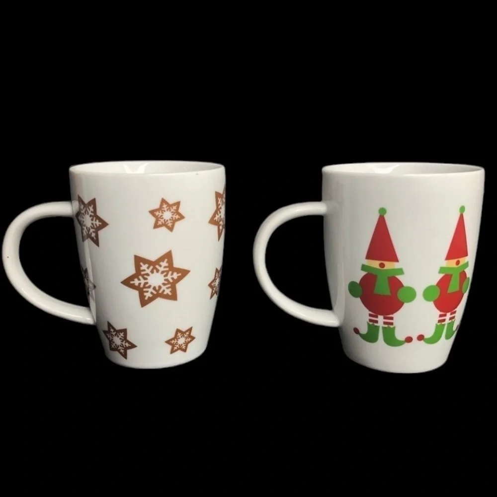 2 Crate & Barrel Skating Gingerbread Boy + Jingle Elves Christmas Mugs in EUC